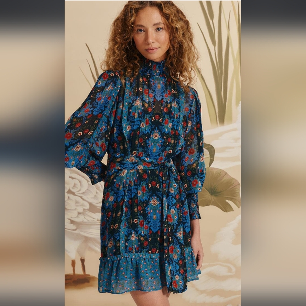FARM Rio Blue and Red Floral Long Sleeve Dress